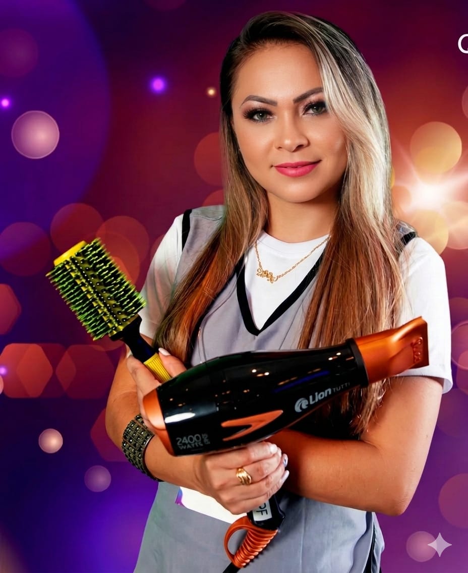 Profissional do Espaço Bella Donna com escova e secador